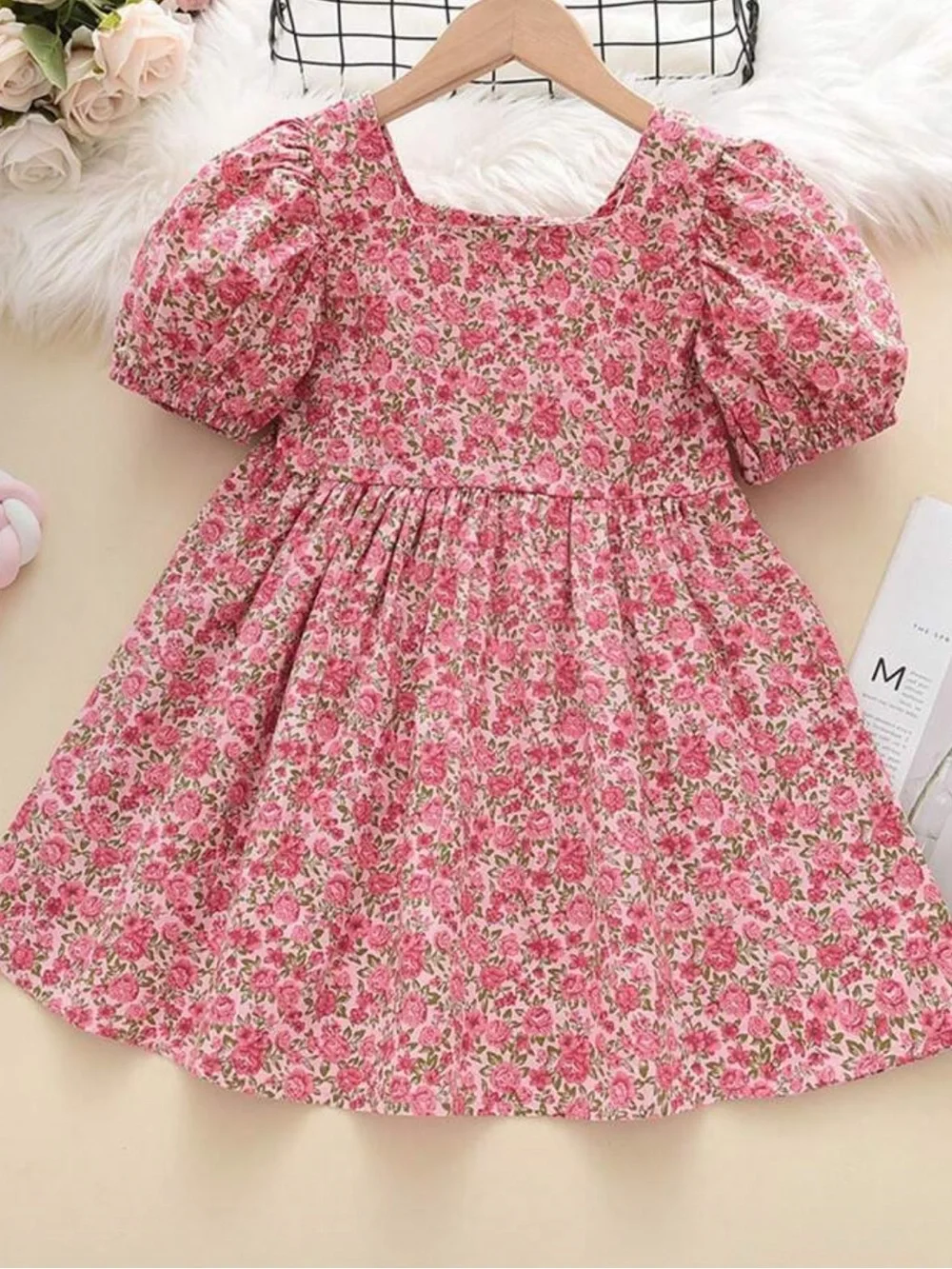 Girls Pink Floral Puff-Sleeve Dress